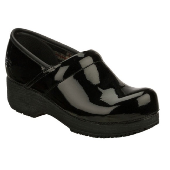 shiny black clogs